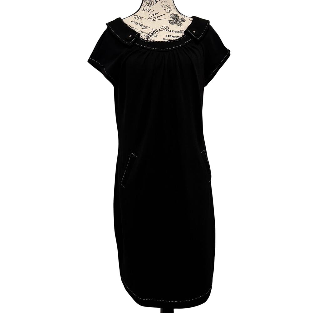 Evan-Picone Dress 12 Black Contrast Topstitch Sailor Collar Shift Pockets